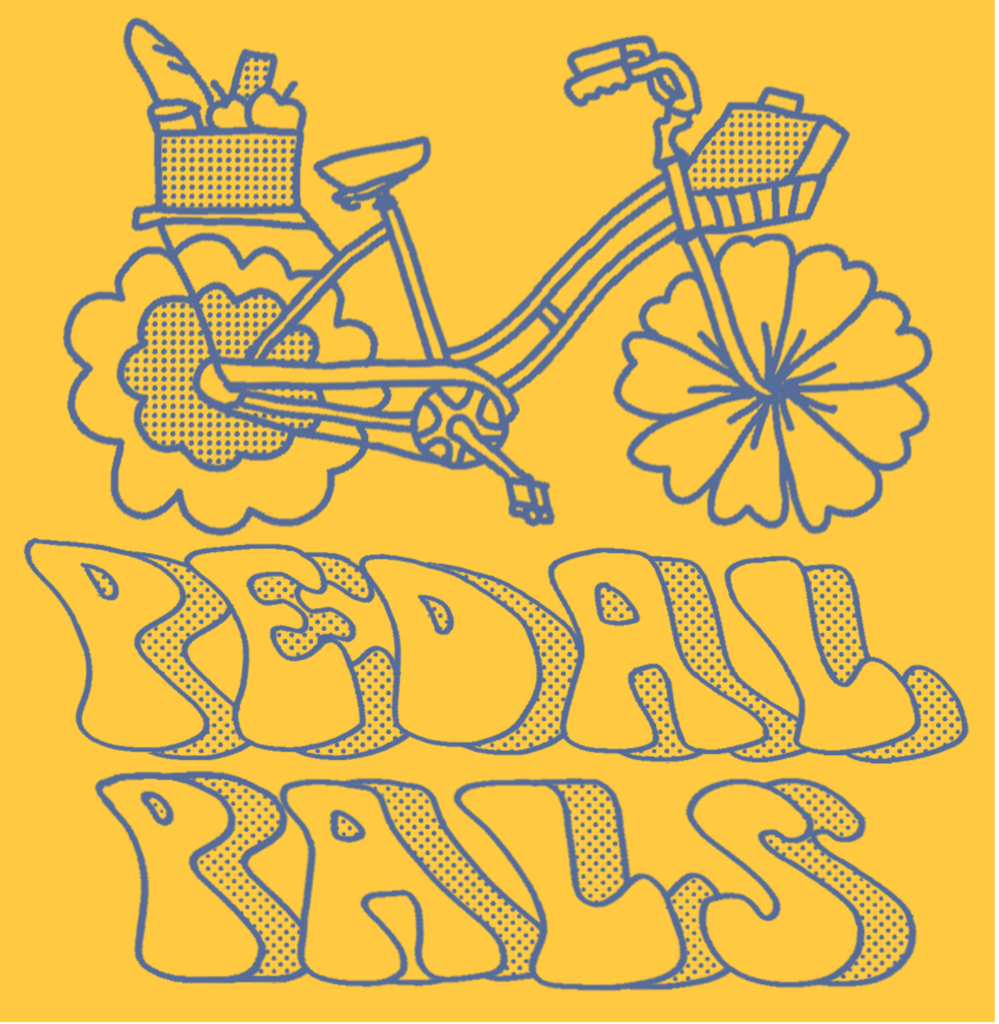 a drawing of a blue, step-thru bicycle with flowers as wheels. Below in stylized font reads "Pedal Pals" in blue with a yellow background